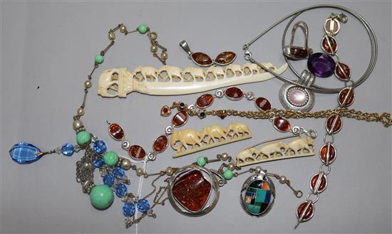 Mixed costume jewellery including amber necklace.